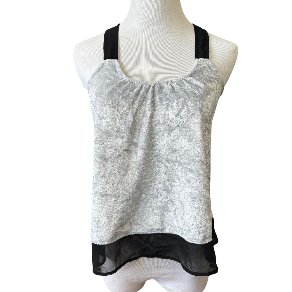 Mudd Silver Gray Velour Racerback Tank Top Black Trim XS Whimsigoth‎ Fairy Y2K